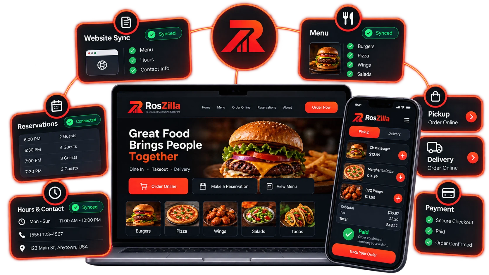 RosZilla website sync, reservations and online ordering